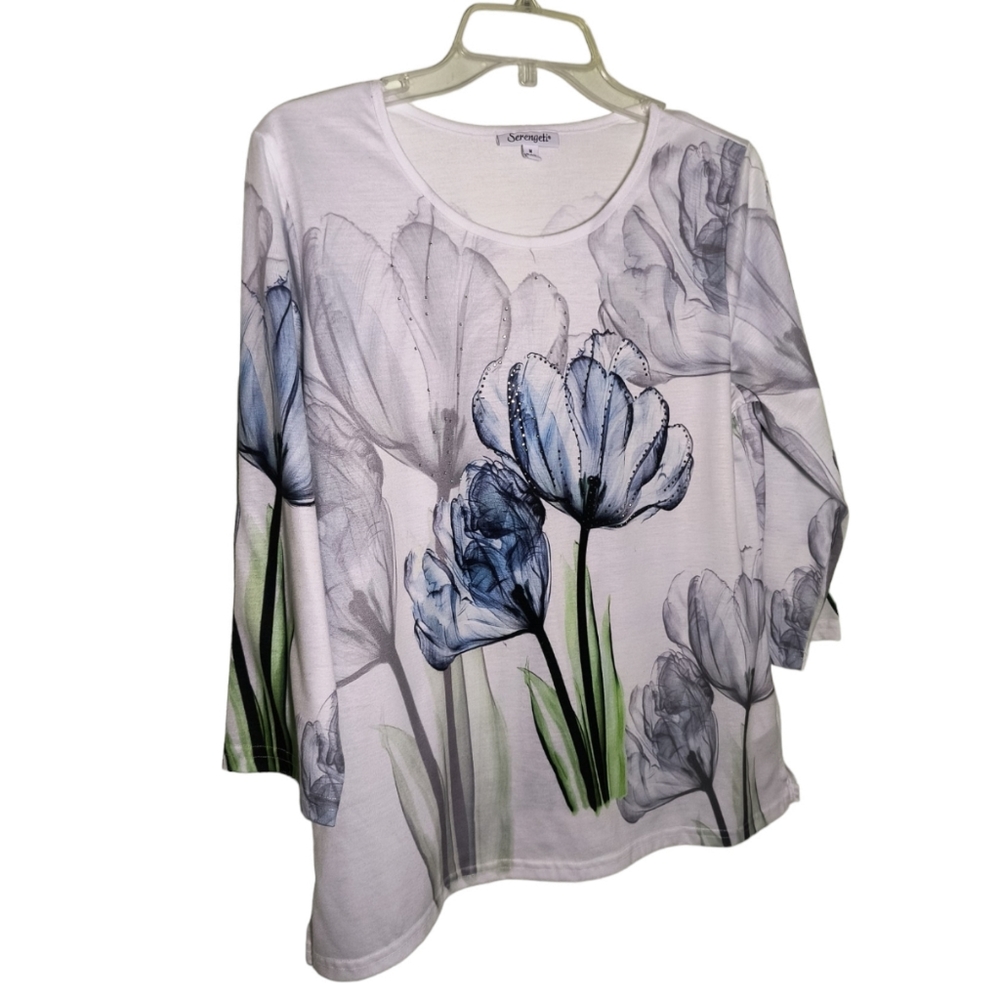 Serengeti White 3/4 sleeve floral print t-shirt top size M - Picture 3 of 13